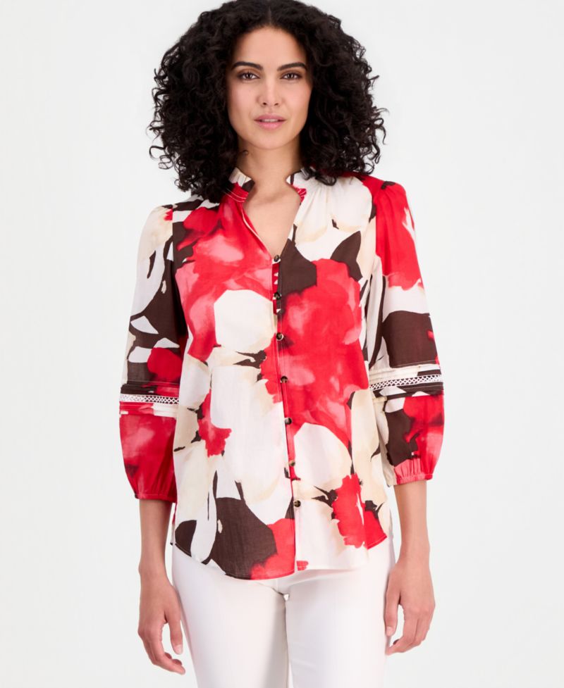 Petite Cotton Ruffled-Neck 3/4-Sleeve Blouse