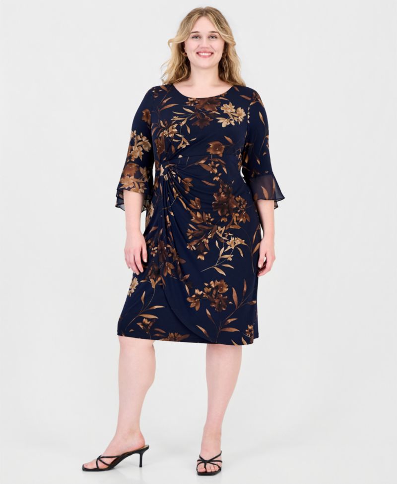 Petite Side Tab Floral 3/4-Sleeve Flounce-Cuff Dress