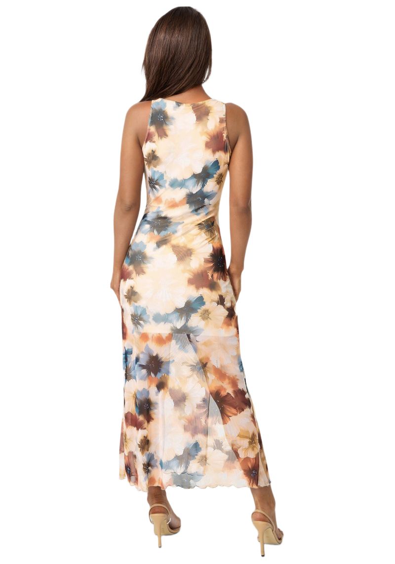 Womens Printed Powermesh Side Shirred Maxi Dress