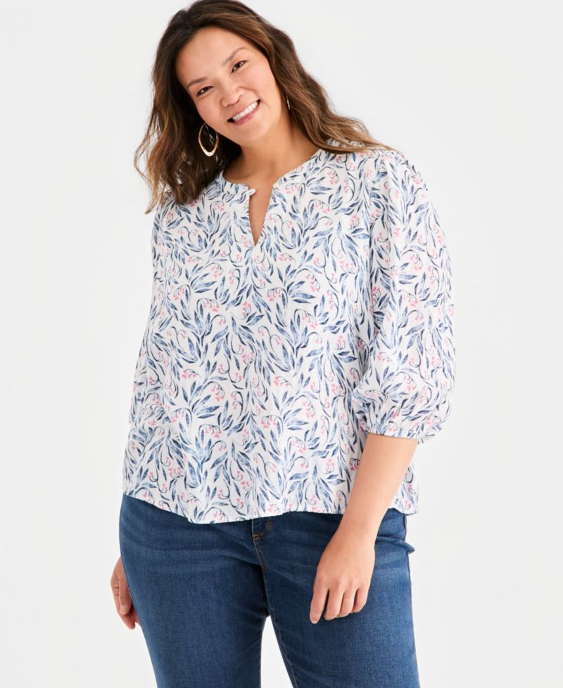 Plus Size Printed Cotton Gauze 3/4-Sleeve Top