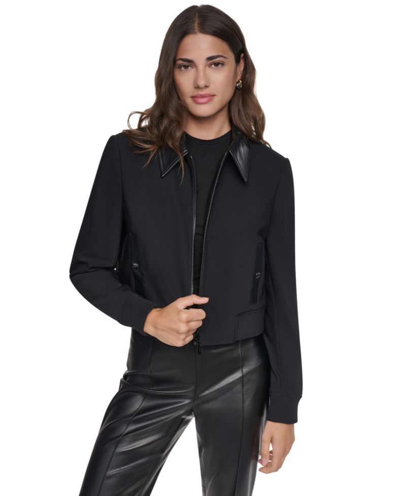 Women's Faux-Leather Moto Cropped Bomber Jacket