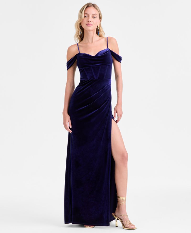 Juniors' Velvet Off-The-Shoulder Gown