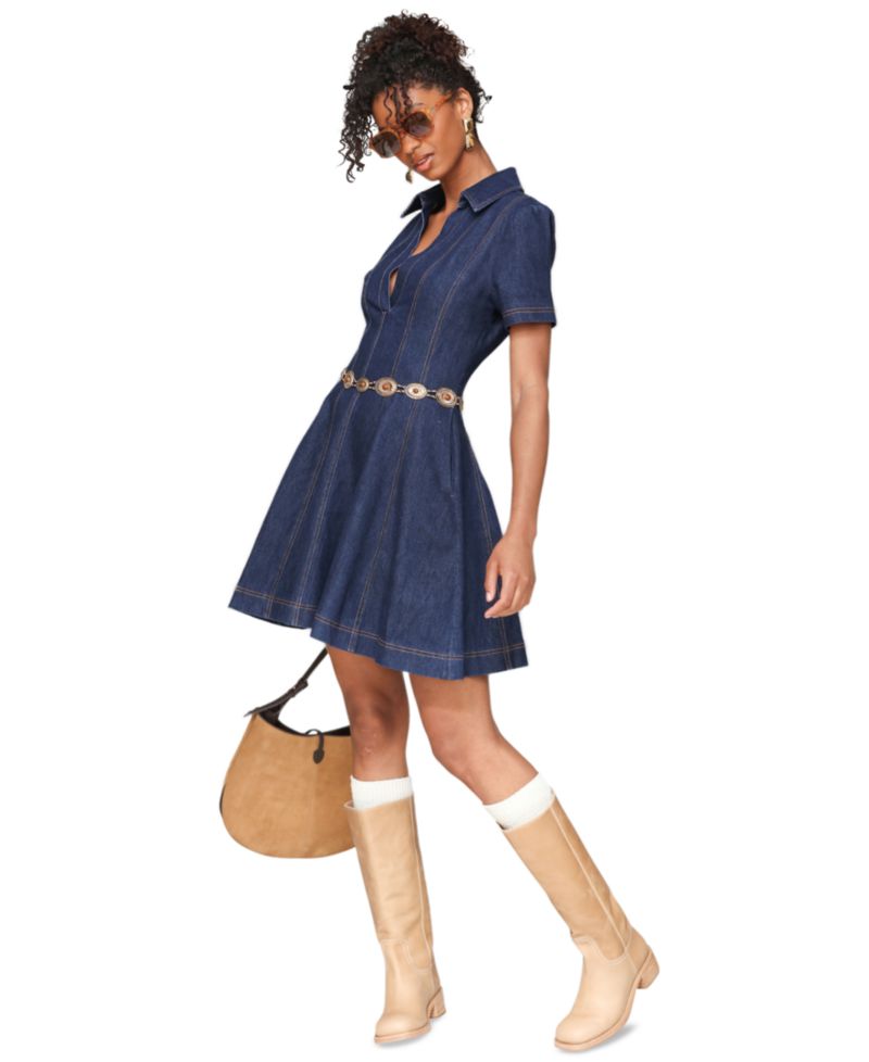 Women's Denim Collared Fit and Flare Mini Dress