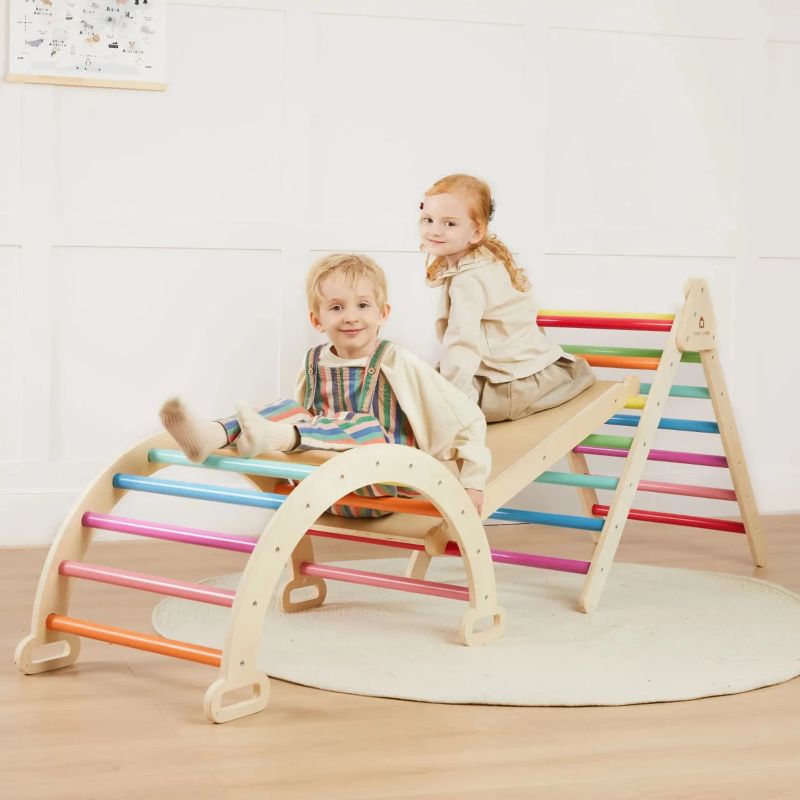 Pikler Triangle Set, 7-in-1 Wooden Montessori Climbing Toy Set, Toddler Indoor Playground Jungle Gym - Rainbow