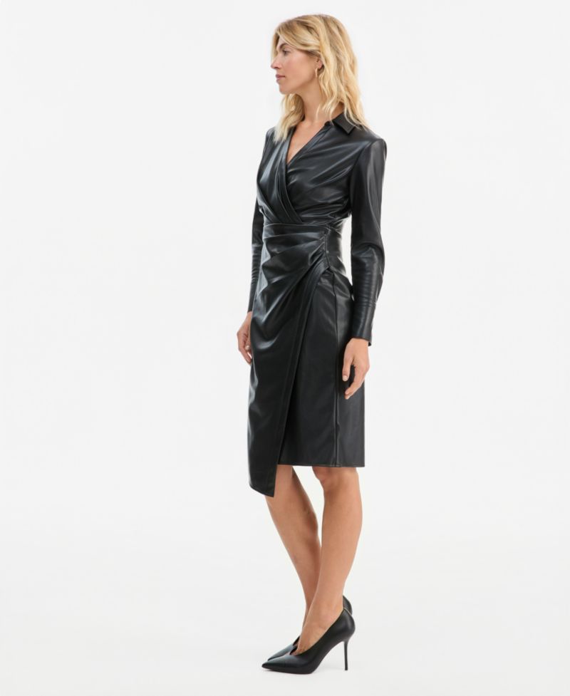 I.N.C. Women's Long-Sleeve Faux Leather V-Neck Dress
