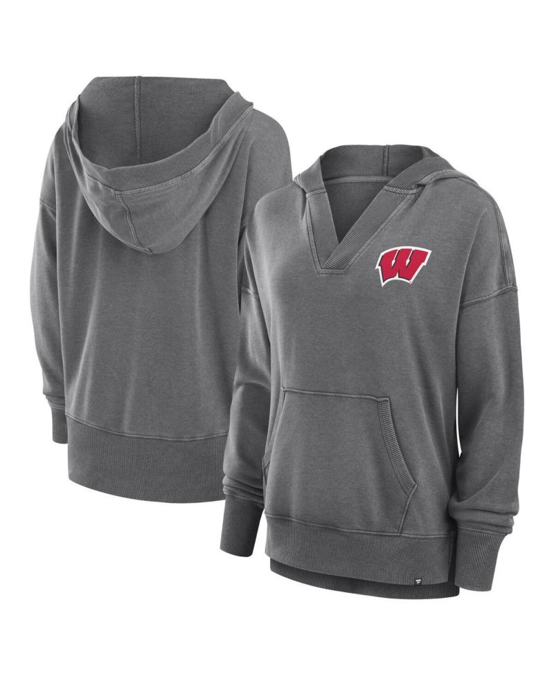 Women's Heather Gray Wisconsin Badgers Initiative Snow Wash French Terry V-Neck Pullover Hoodie