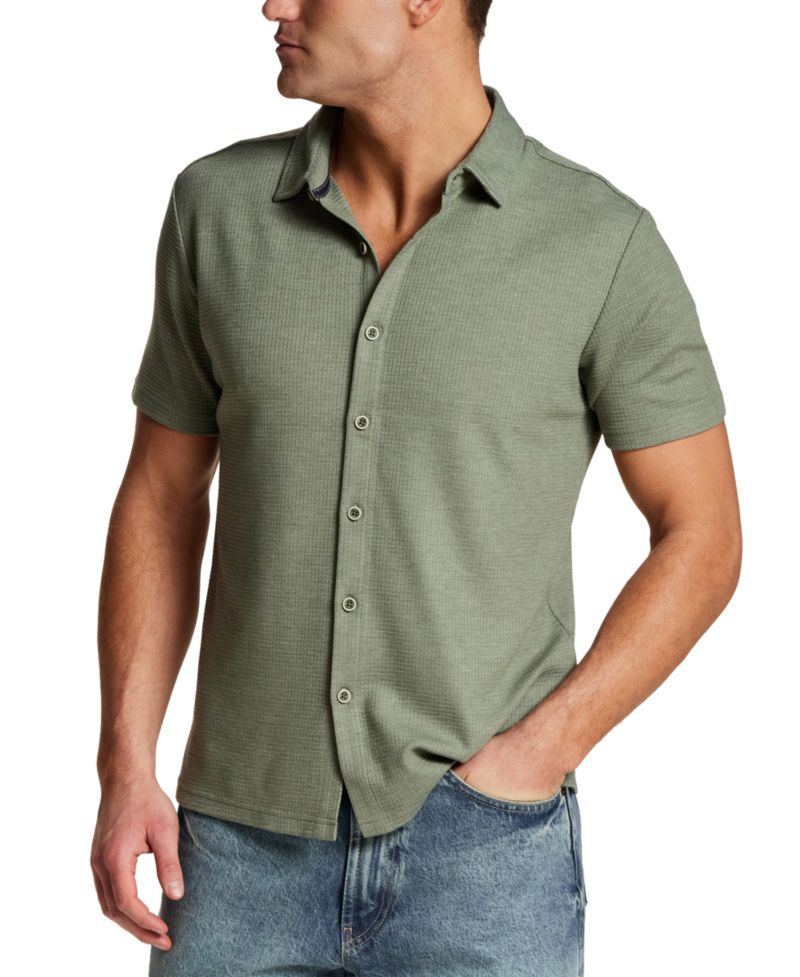 Men's Solid Waffle Coat Front Short-Sleeve Shirt
