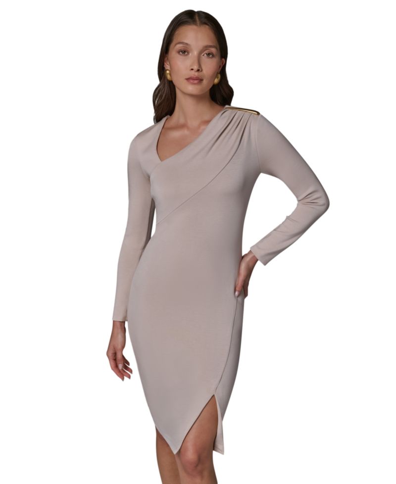 Petite Long-Sleeve Asymmetrical Neck Sheath Dress