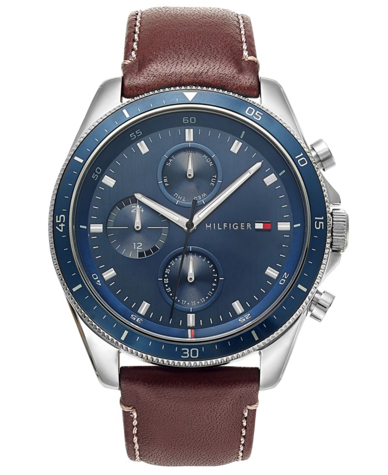 Men's Chronograph Brown Leather Strap Watch 44mm