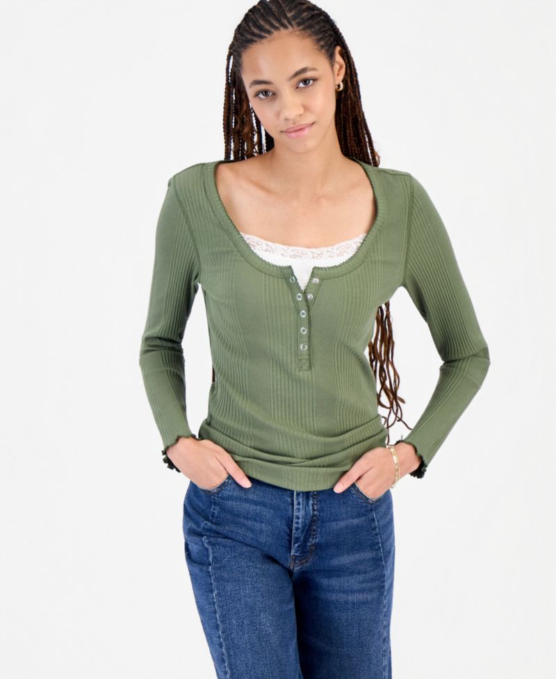 Juniors' Layered-Look Henley Ribbed Long-Sleeve Top
