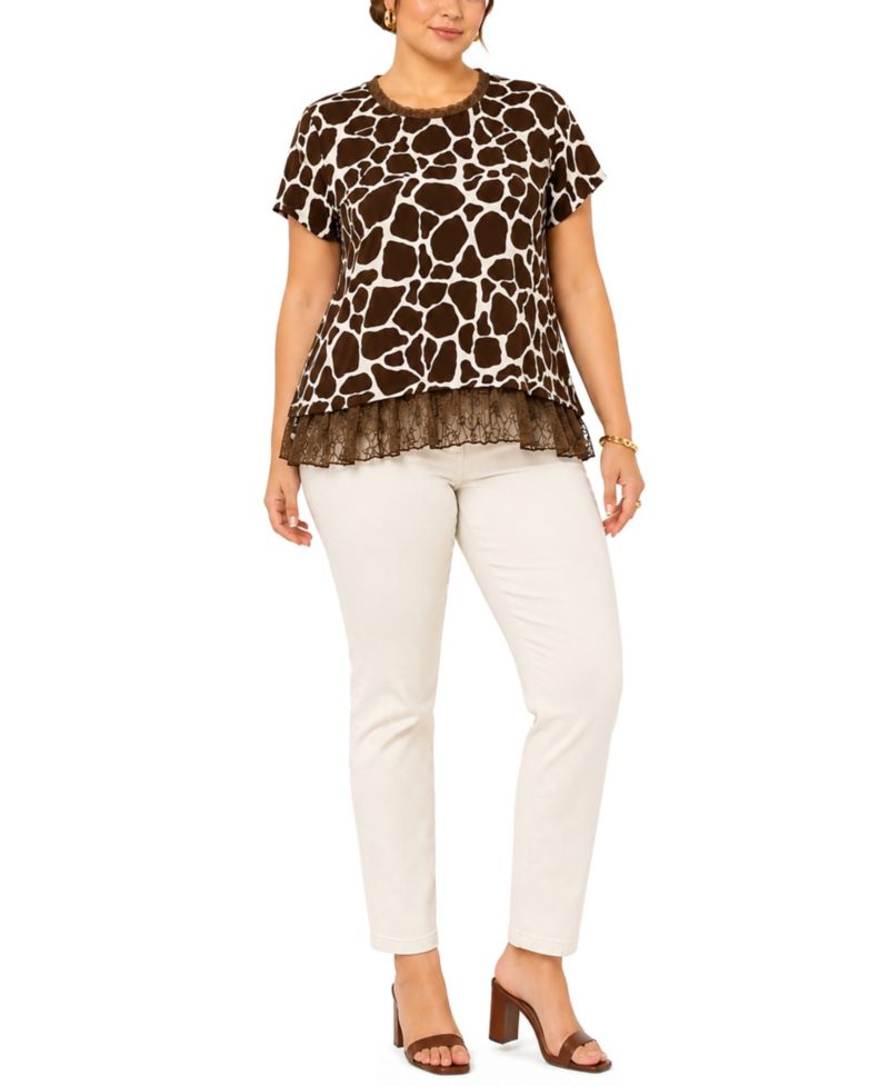 Plus Size Giraffe Print Lace Pleat Back Top