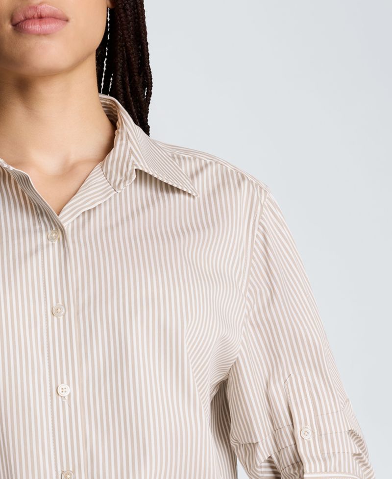 Women's Collared Striped Cropped Pleated Sleeves Button Down