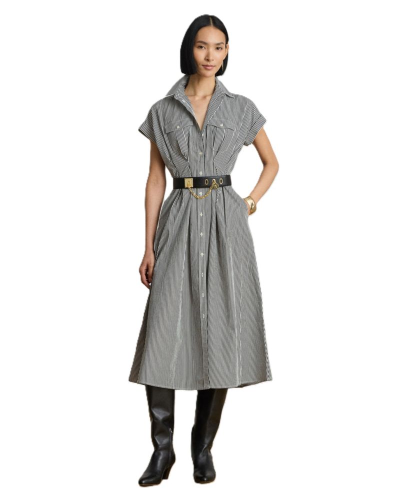 Women's Striped Pleated Broadcloth Shirt Dress