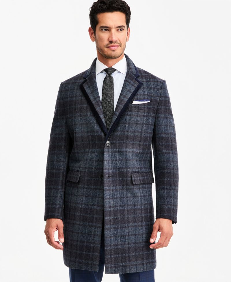 Men's Classic-Fit Blue Plaid Overcoat