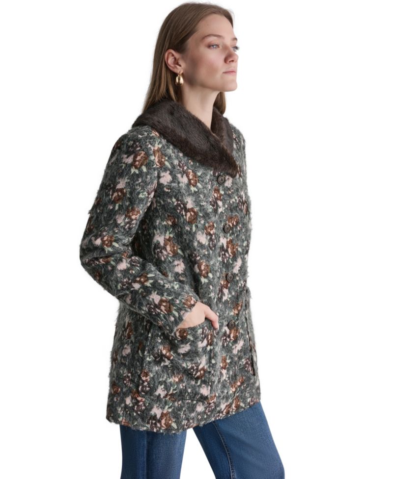 Women's Long-Sleeve Floral Faux-Fur Coat