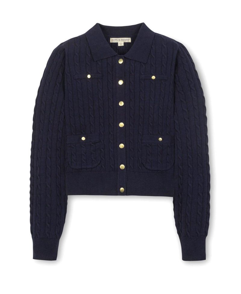 Women's Hope and Henry Organic Cable Knit Collared Cardigan Sweater