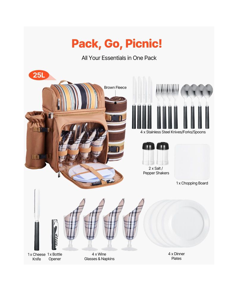 4-Person Picnic Backpack with Insulated Cooler, Blanket and Cutlery Set