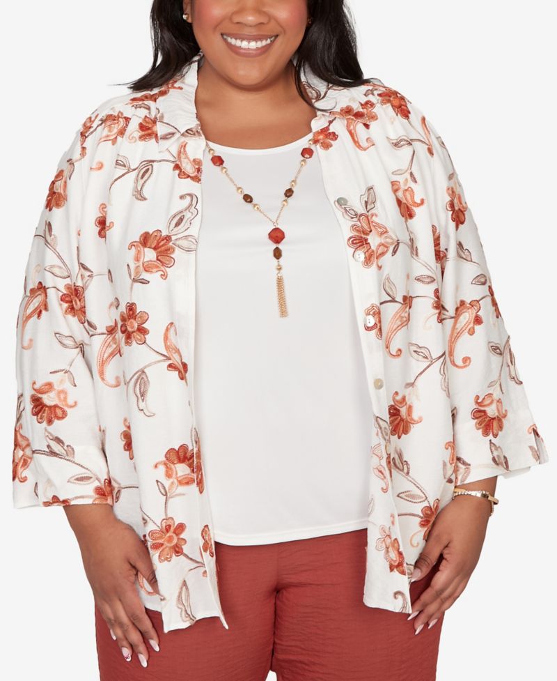 Plus Size Spice Market Paisley Floral Collared Two-in-One Top with Necklace