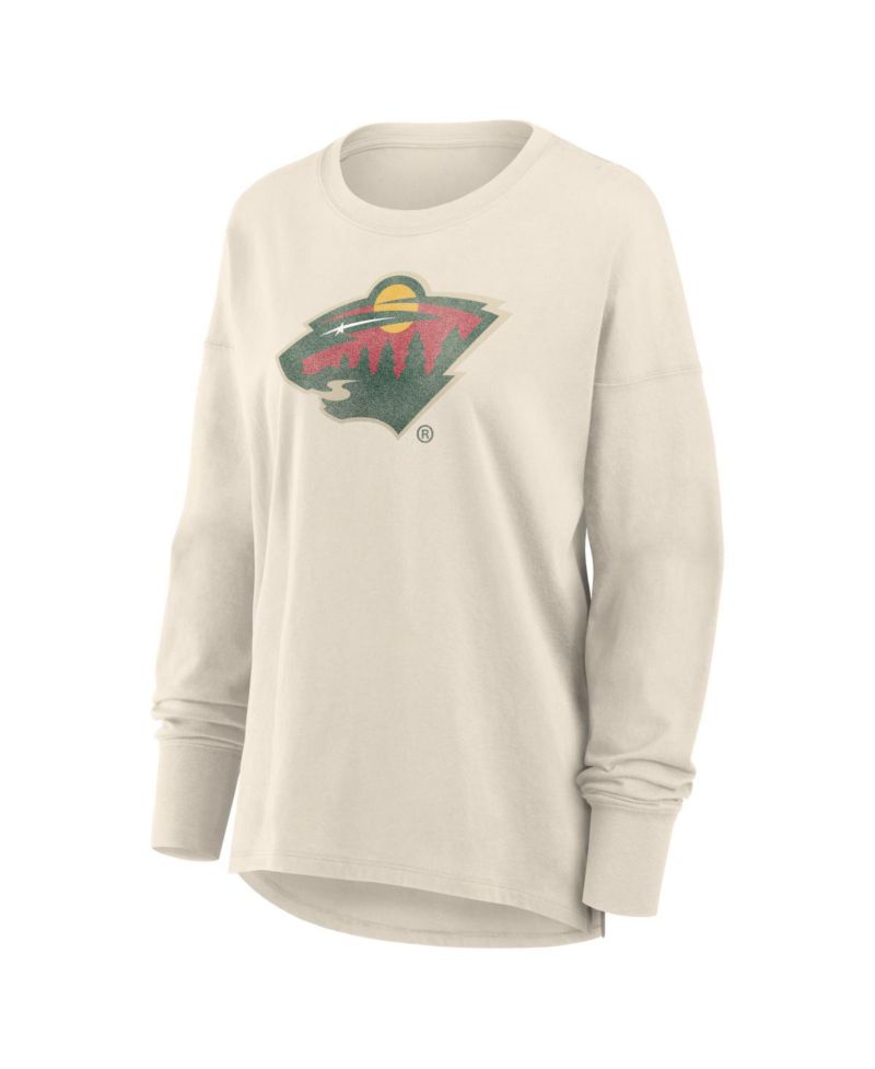 Women's Cream Minnesota Wild Distressed Logo Long Sleeve T-Shirt