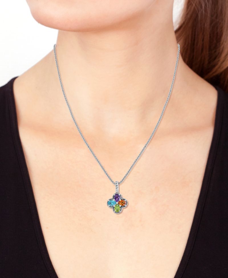 EFFY® Multi-Gemstone Flower 18" Pendant Necklace (3 ct. t.w.) in Sterling Silver