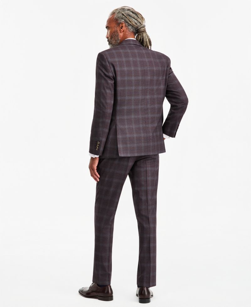 Men's Classic-Fit Burgundy Plaid Suit Separate Double-Breasted Vest