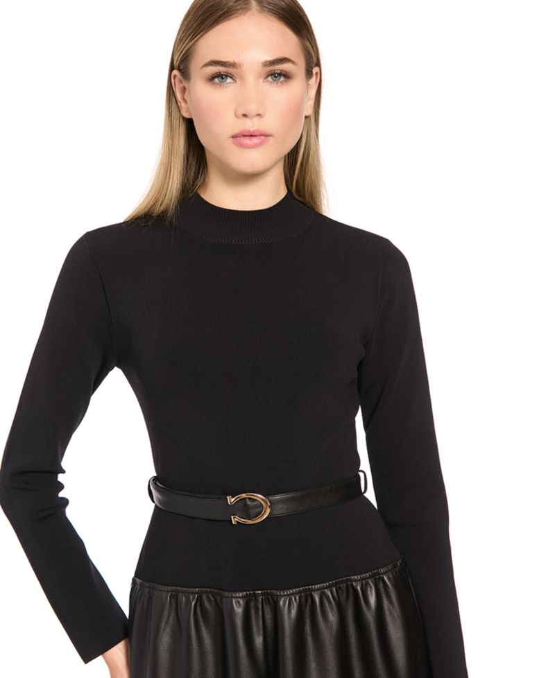 Women's Long-Sleeve Mock-Neck Mixed-Media Midi Dress