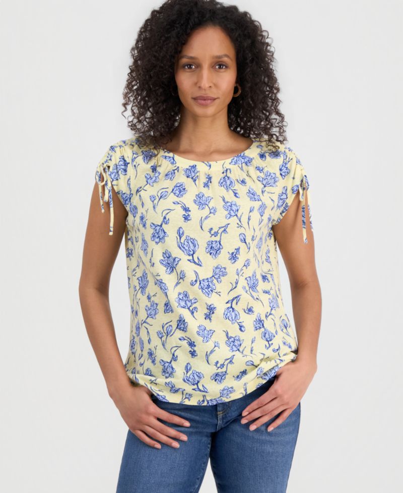 Plus Size Printed Ruched-Shoulder Boat-Neck Top