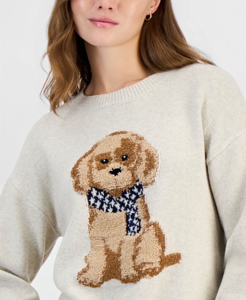 Juniors' Novelty Dog Crewneck Long-Sleeve Sweater