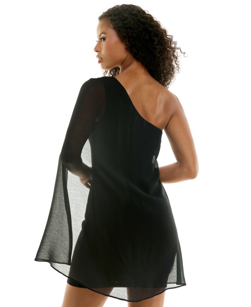 Juniors' One-Shoulder Glitter Cape-Sleeve Dress