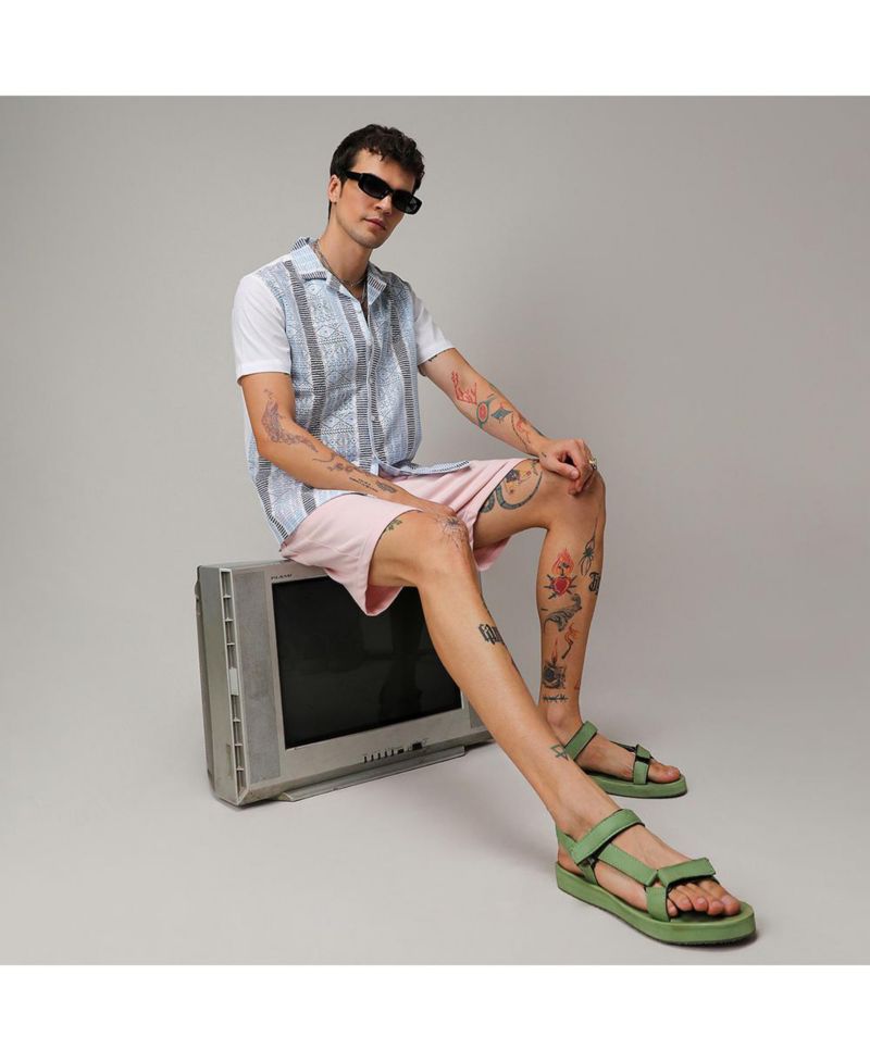 Men's Sky Blue & Midnight Black Fish Eye Ethnic Shirt