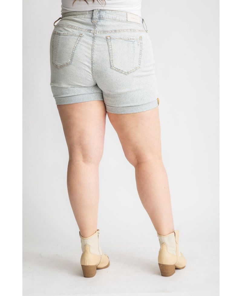 Plus Size Denim Mid Rise Shorts rolled in 5.5" inseam- Denim Stripes