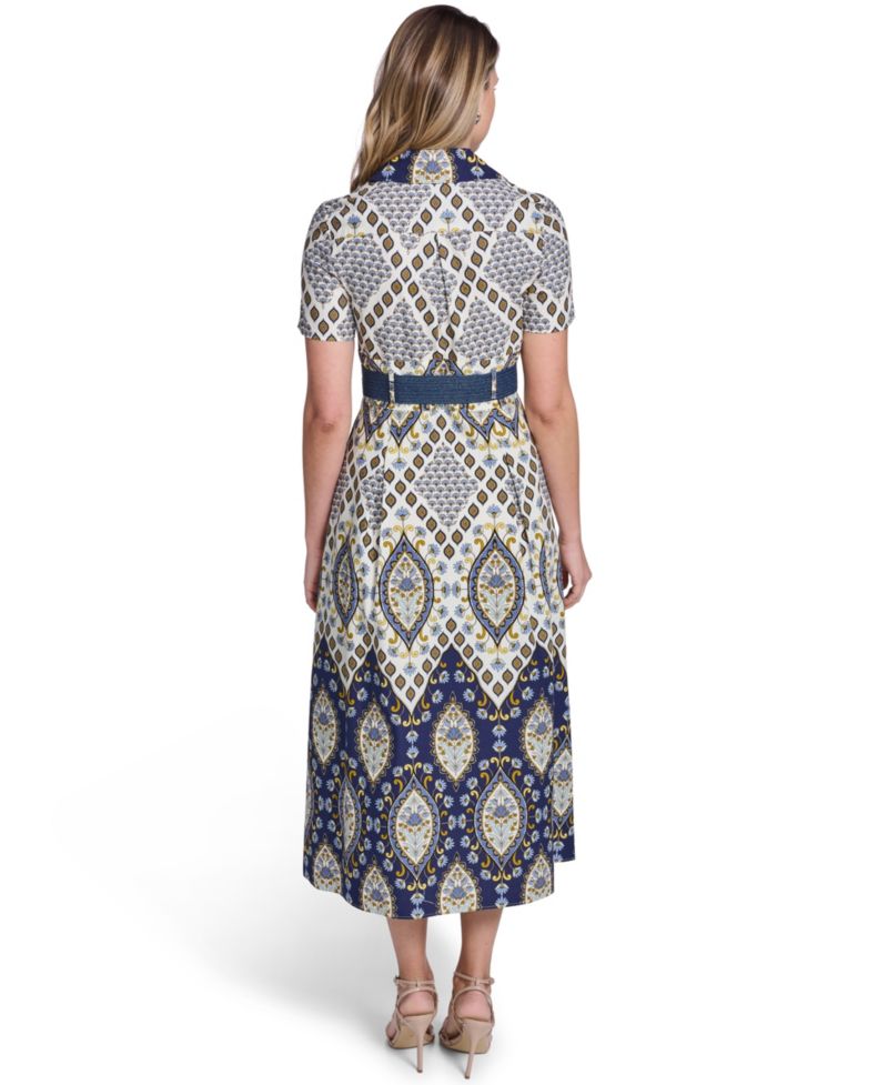 Women's Collared Short-Sleeve Belted Shirt-Dress