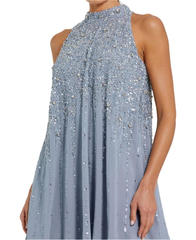Women's High Neck Sleeveless Sequin Embellished Trapeze A-line Dress