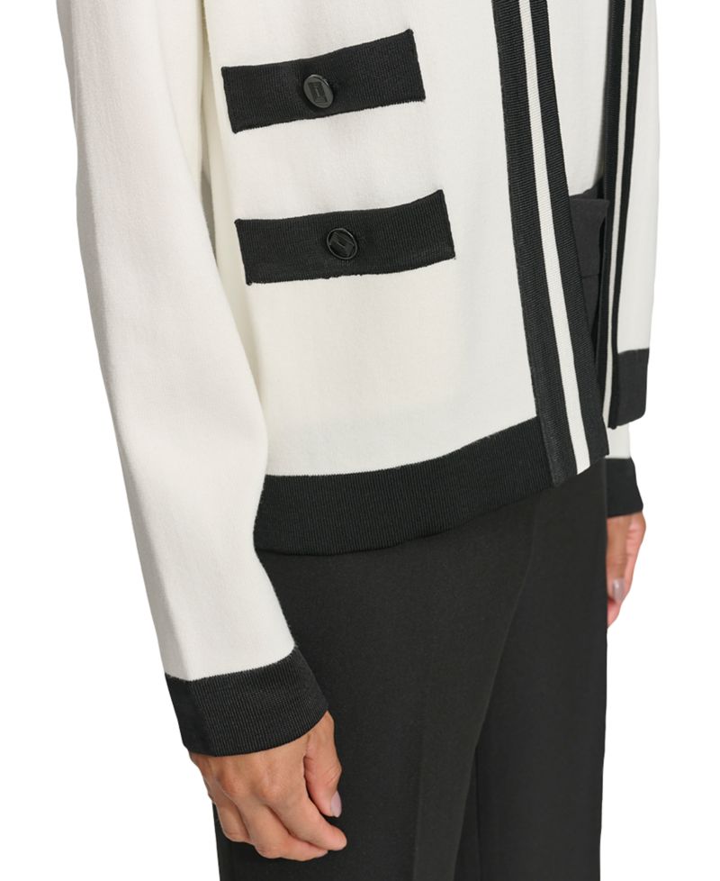 Petite Open-Front Long-Sleeve Knit Cardigan with Contrast Trim