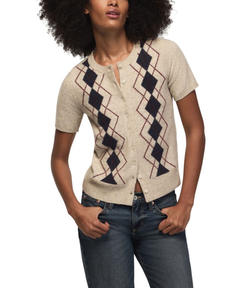 Women's Argyle Crew-Neck Short-Sleeve Cardigan