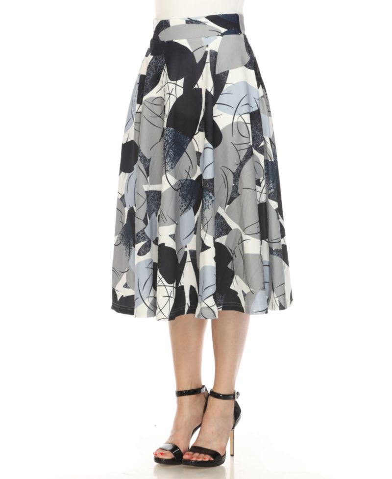 Women's Leaf Print Vintage Flared Midi Skirt