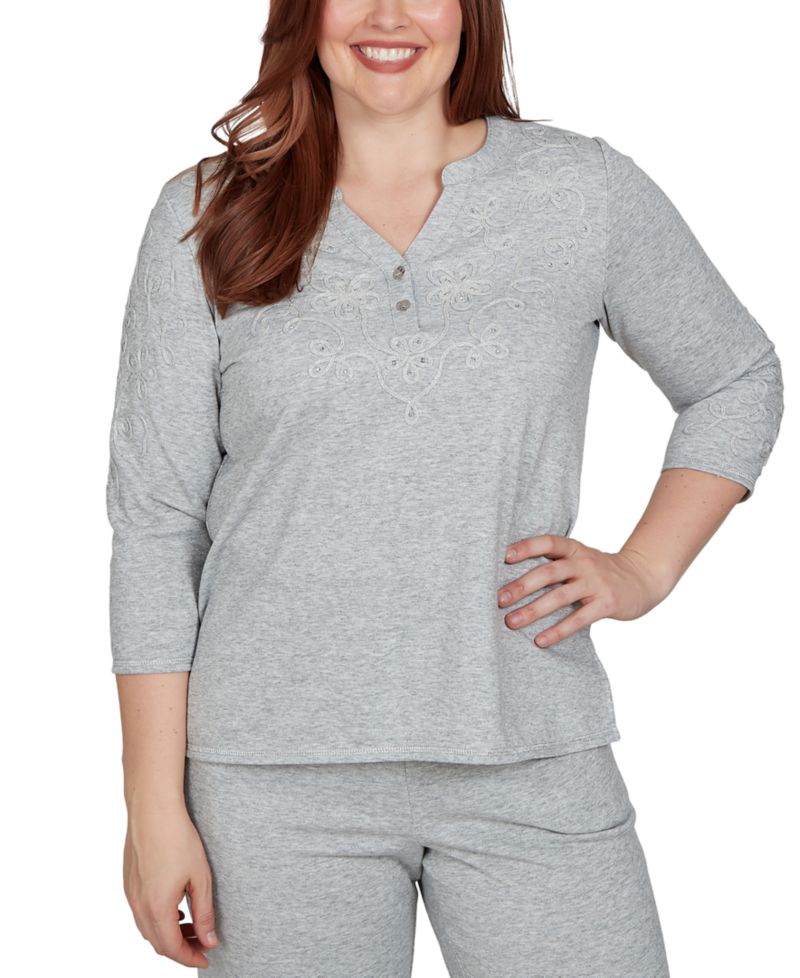 Petite 3/4-Sleeve Side-Slit Henley T-Shirt
