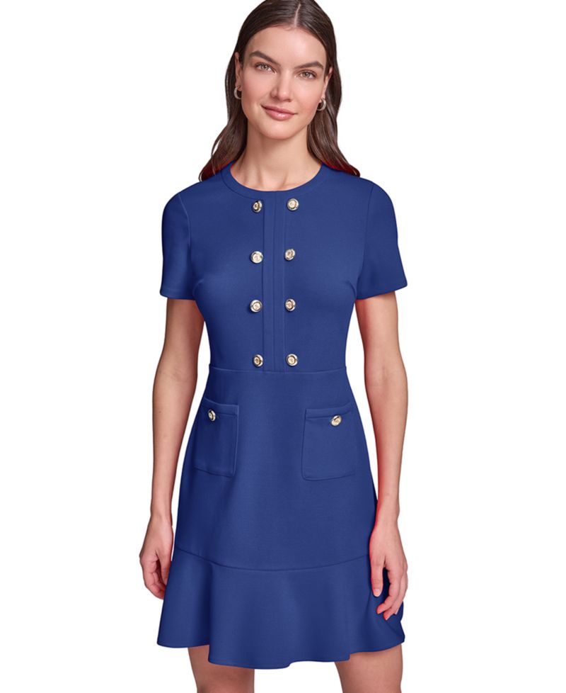 Women's Short-Sleeve Scuba Crepe with Flounce Hem and Button Dress
