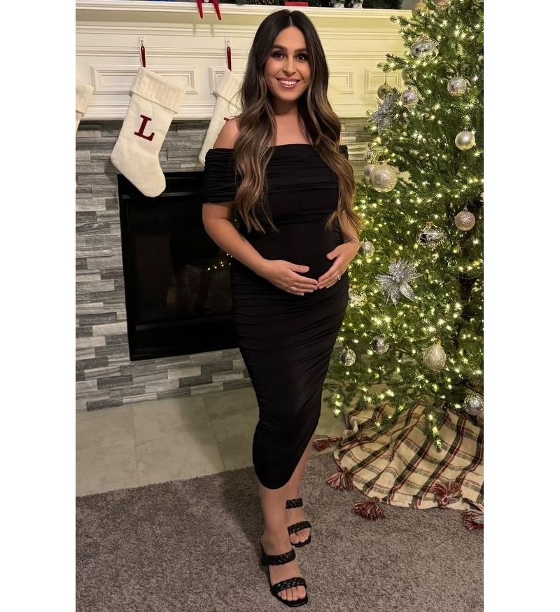 Women's Black Off Shoulder Ruched Midi Dress