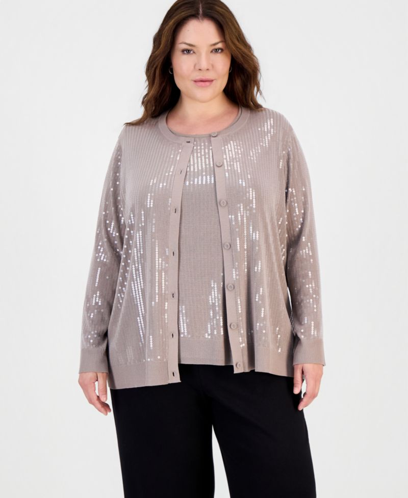 Plus Size Sequin-Front Crewneck Cardigan