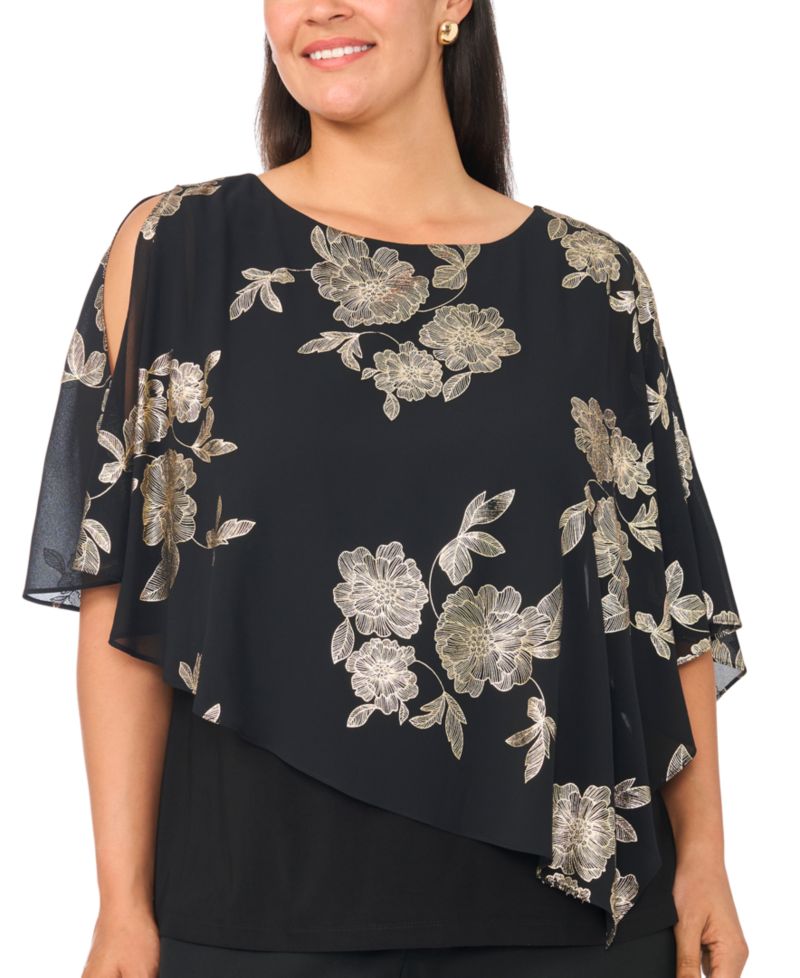 Plus Size Floral-Print Cold-Shoulder Overlay Top