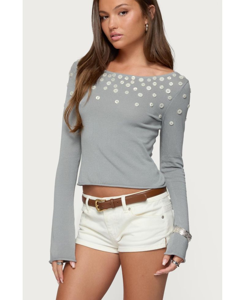 Womens Iridescent Button Boat Neck Top