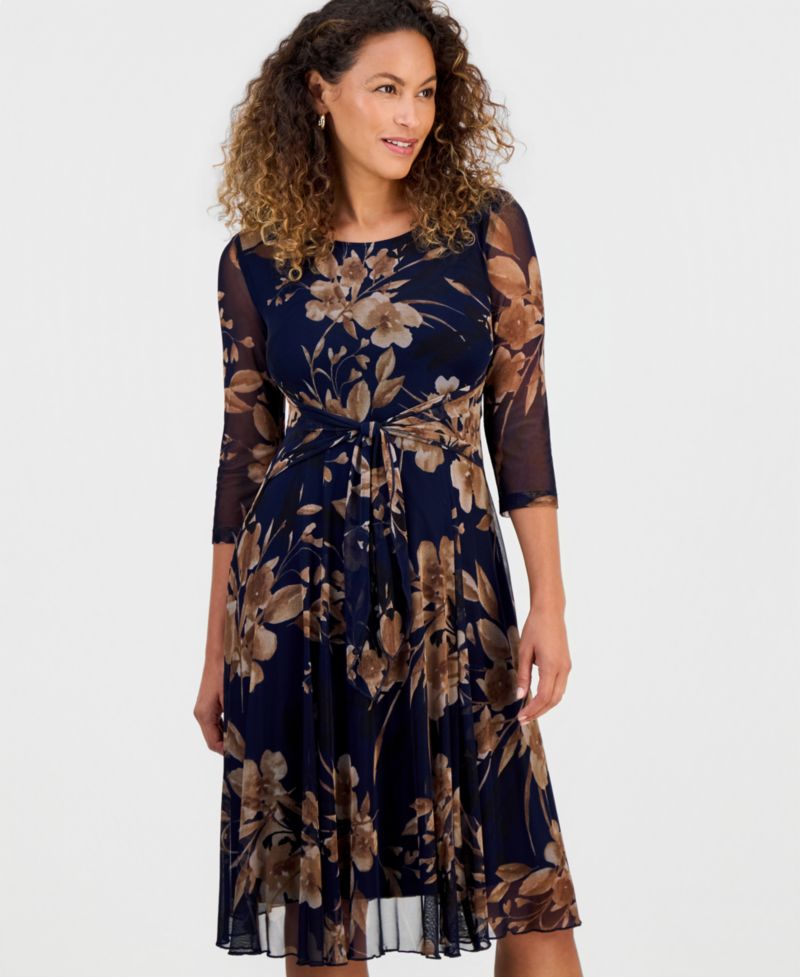 Petite Tie-Waist Floral-Print Fit-and-Flare Midi Dress