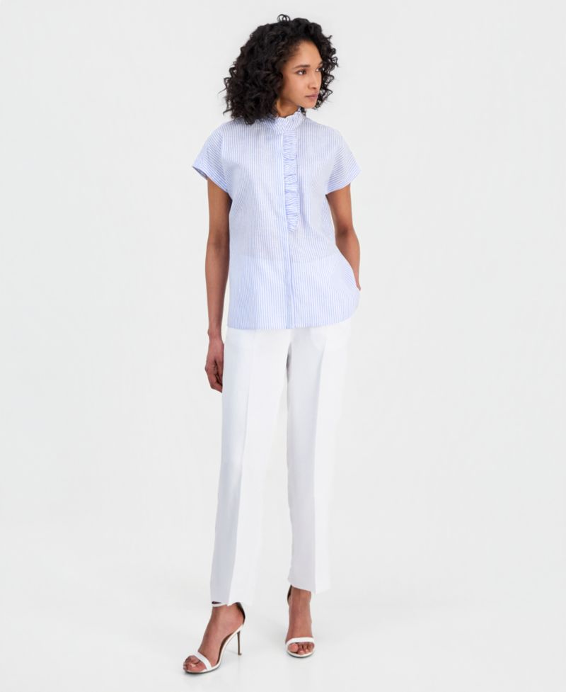 Petite Striped Ruffled-Neck Button-Front Blouse
