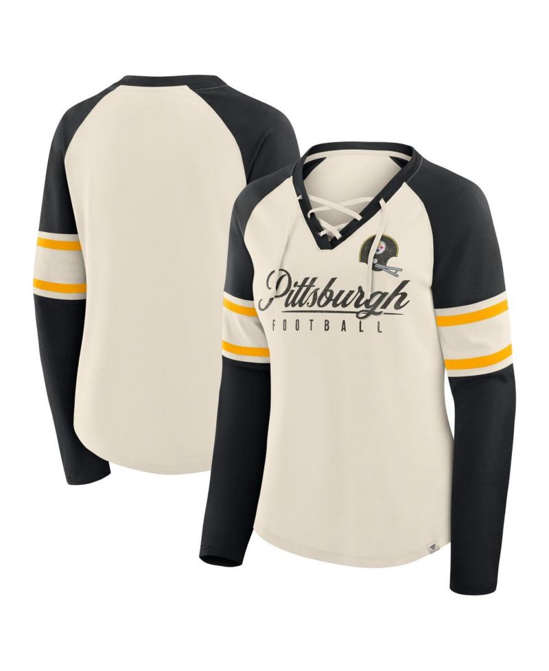 Women's Cream/Black Pittsburgh Steelers Hometown Gridiron Hero Raglan Lace-Up V-Neck Long Sleeve T-Shirt