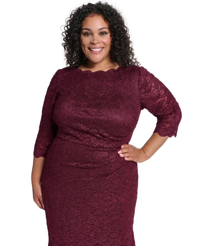 Plus Size Lace Boat Neck 3/4 Sleeve Gown