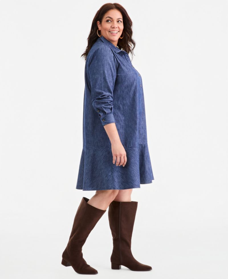 Plus Long-Sleeve Peplum Cotton Shirt Dress