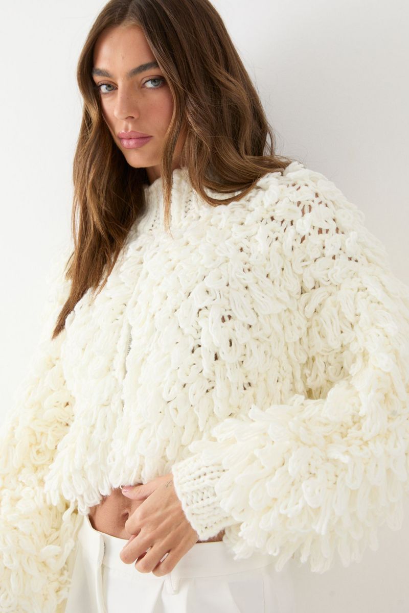 Women's Zip Up Cream Fringe Loop Cardigan