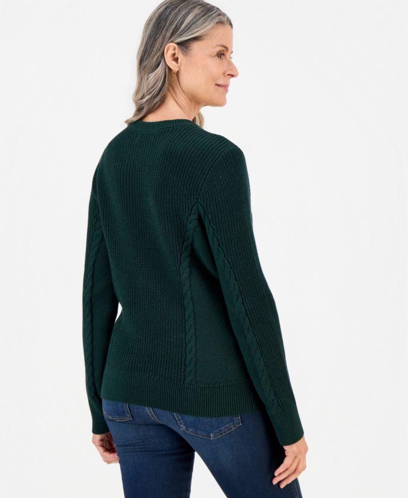 Petite Mixed Rib Cable-Knit Cotton Crewneck Pullover