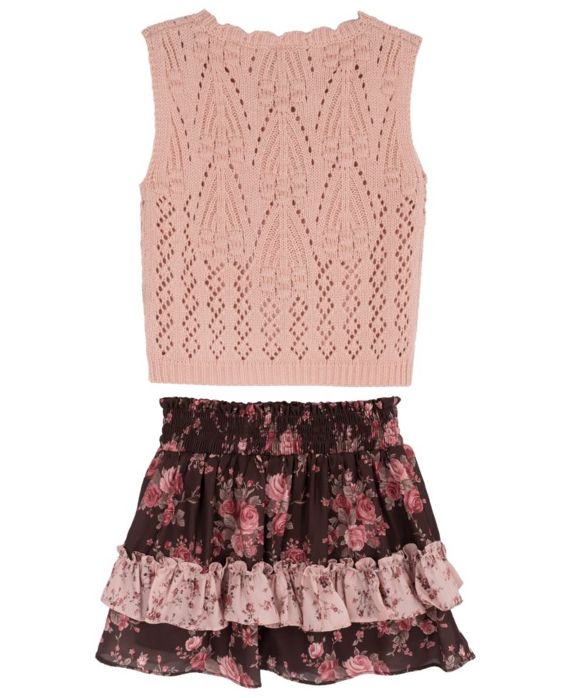 Girls' 7-16 Floral Crochet Sweater Vest and Tiered Skort, 2-Piece Set